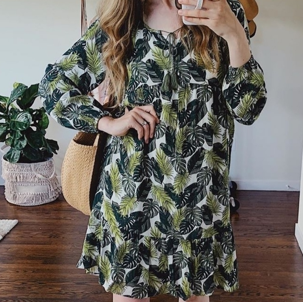 Green Palm Leaf Peasant Dress